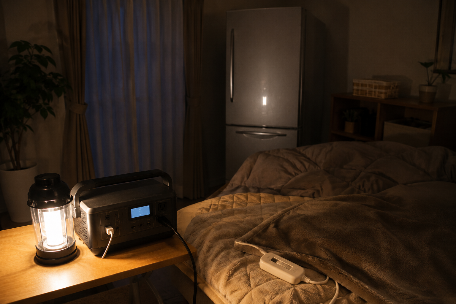 冬の停電中の寝室またはリビングで、冷蔵庫、電気毛布、ポータブル電源、LEDランタン、毛布を配置した写真風