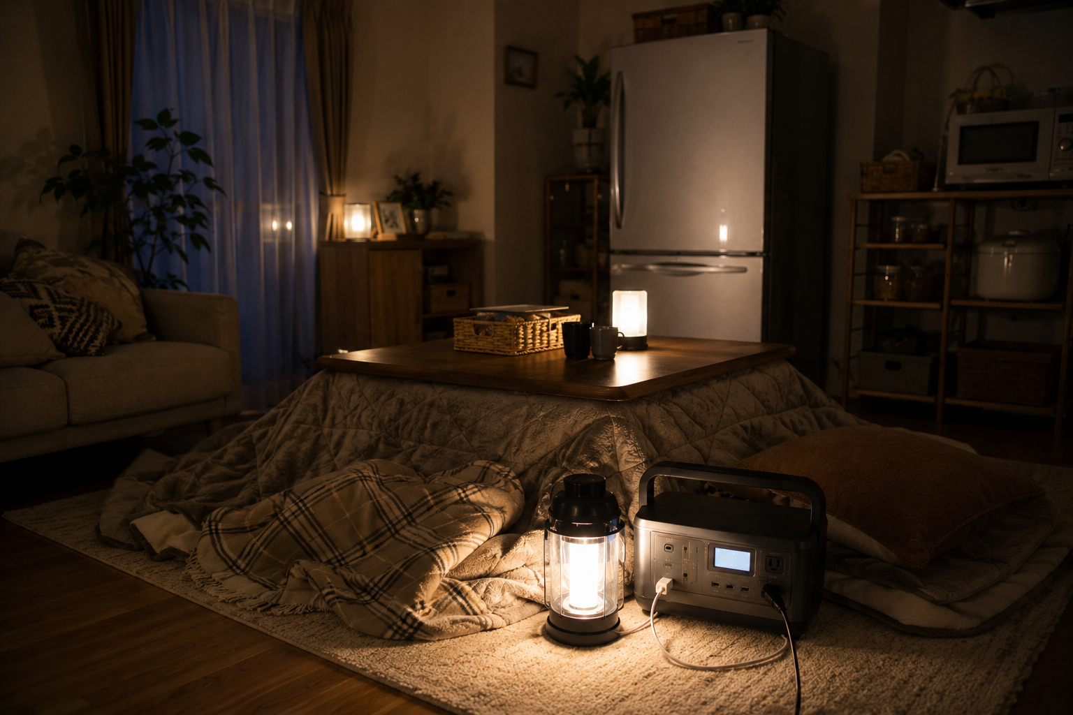 冬の停電中のリビングで、冷蔵庫、こたつ、ポータブル電源、LEDランタン、毛布を配置した写真風