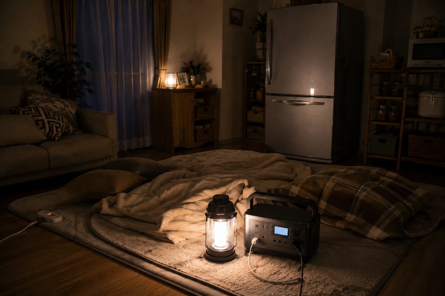 冬の停電中のリビングで、冷蔵庫、ホットカーペット、ポータブル電源、LEDランタン、毛布を配置した写真風