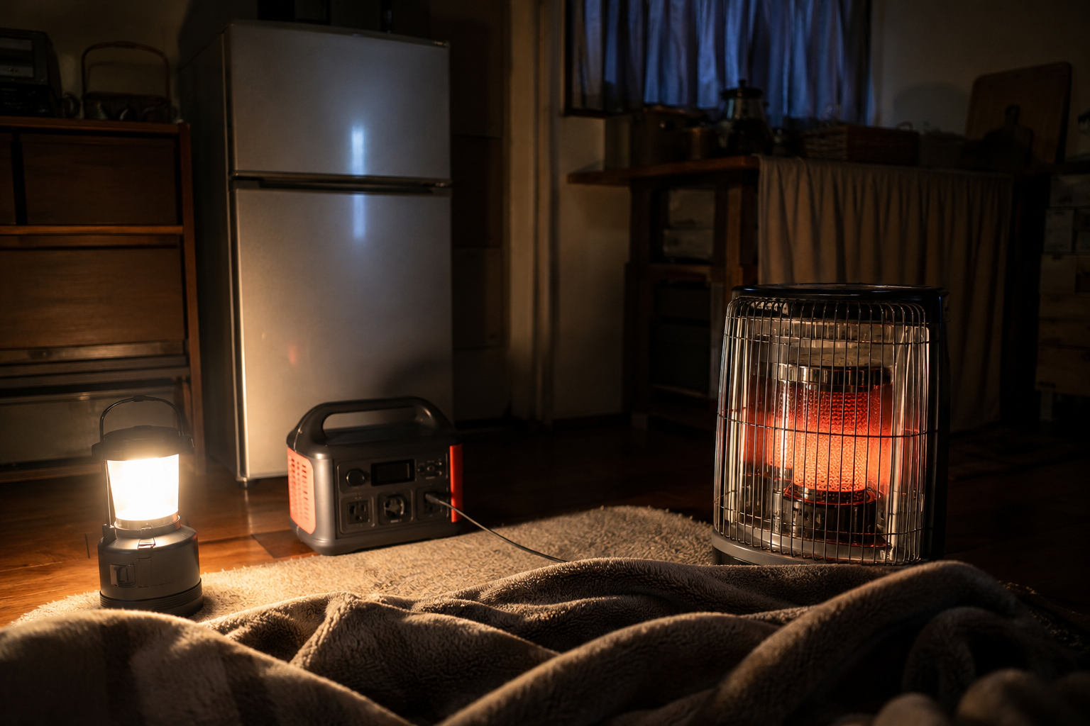 冬の停電中の室内で、冷蔵庫、電気ストーブ、ポータブル電源、LEDランタン、毛布を配置した写真風
