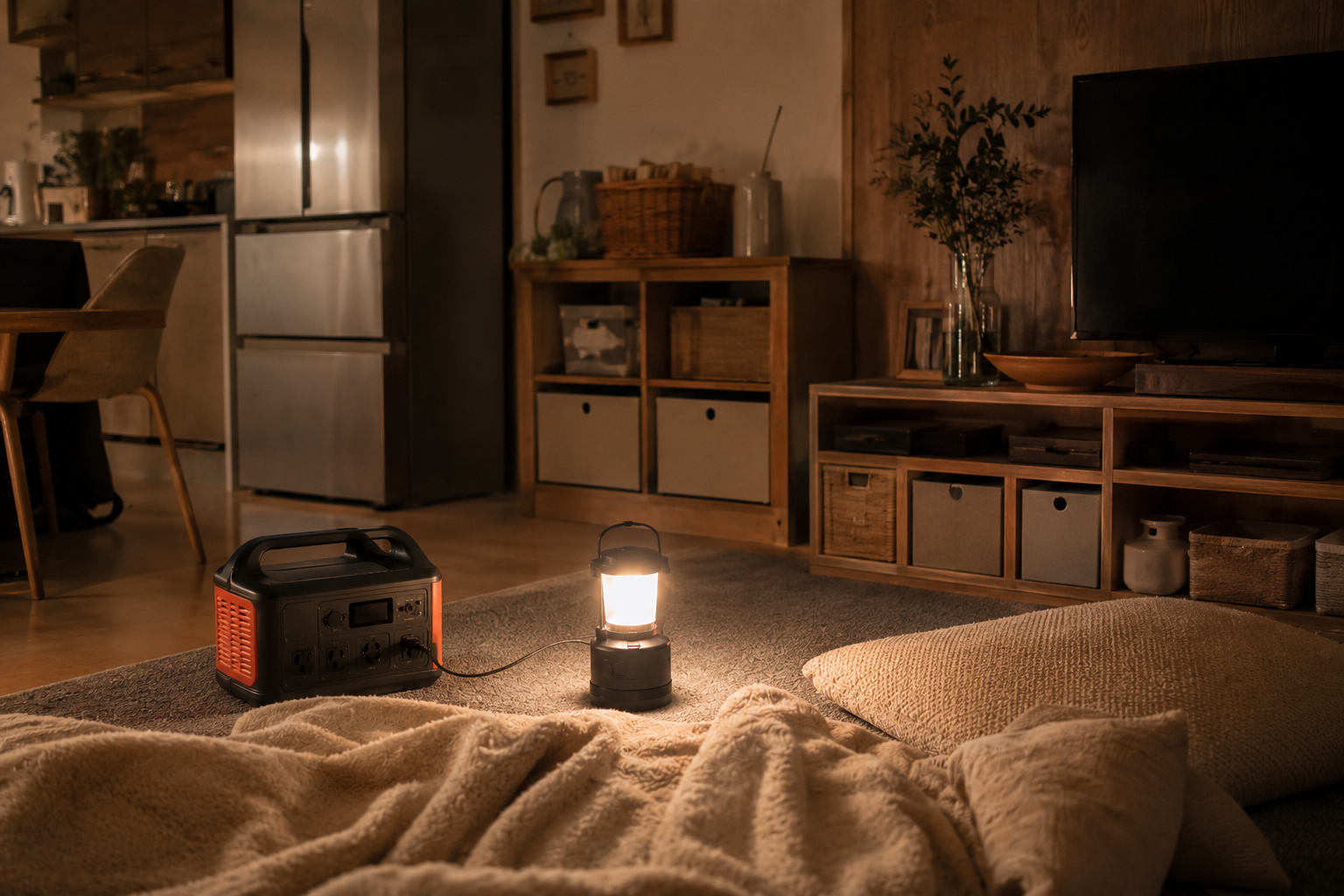 冬の停電中の室内で、冷蔵庫、セラミックファンヒーター、ポータブル電源、LEDランタン、毛布を配置した写真風