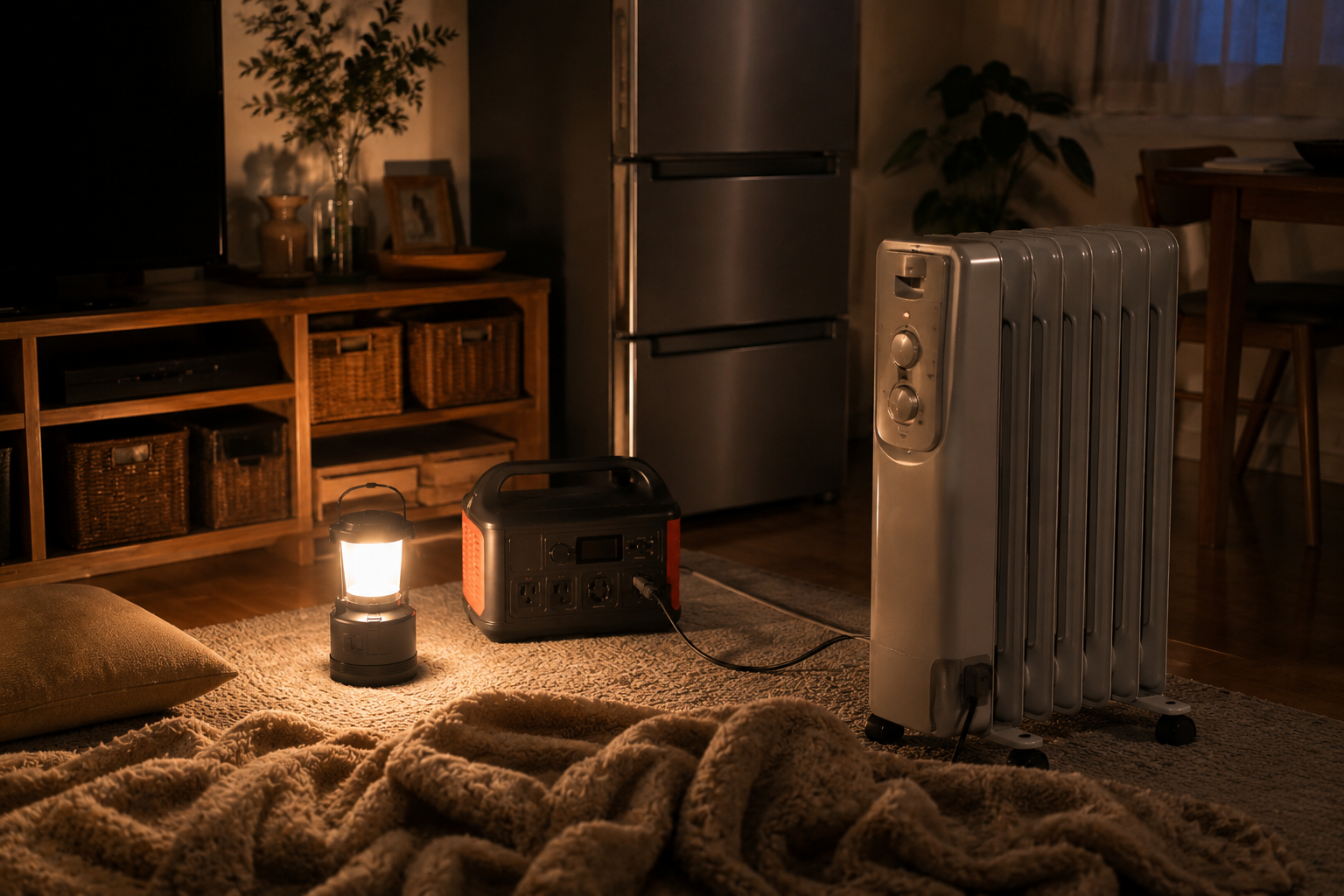 冬の停電中の室内で、冷蔵庫、オイルヒーター、ポータブル電源、LEDランタン、毛布を配置した写真風