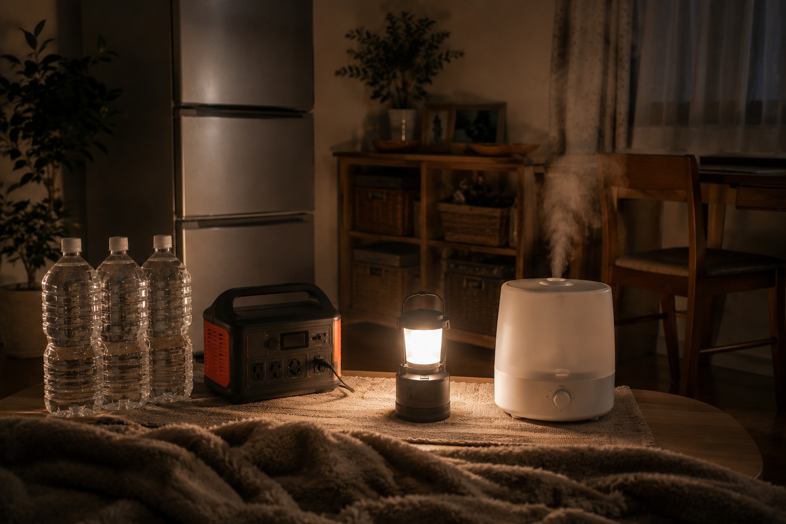 冬の停電中の室内で、冷蔵庫、加湿器、ポータブル電源、LEDランタン、保存水を配置した写真風