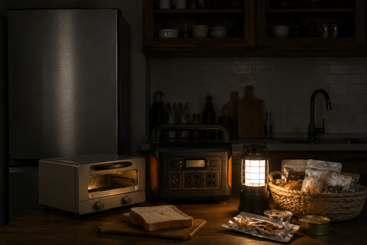 停電中のキッチンで、冷蔵庫、トースター、ポータブル電源、LEDランタン、パン、非常食を配置した写真風