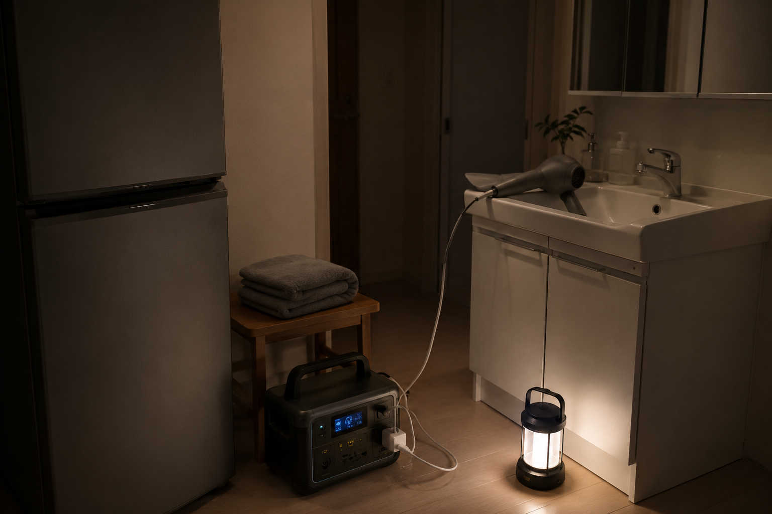 停電中の洗面所近くの安全な室内で、冷蔵庫、ドライヤー、ポータブル電源、LEDランタン、吸水タオルを配置した写真風