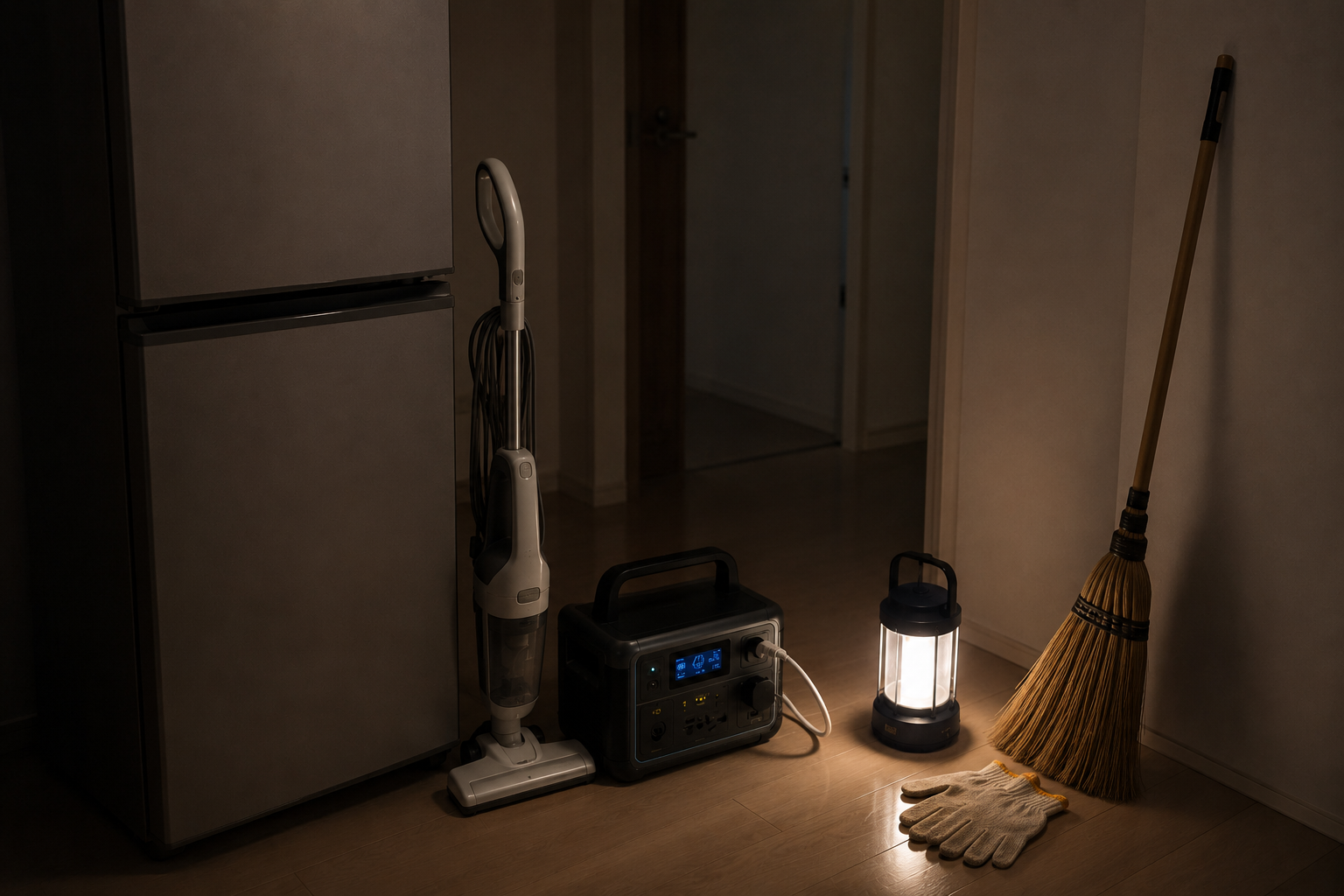 停電中の室内で、冷蔵庫、掃除機、ポータブル電源、LEDランタン、ほうき、軍手を配置した写真風