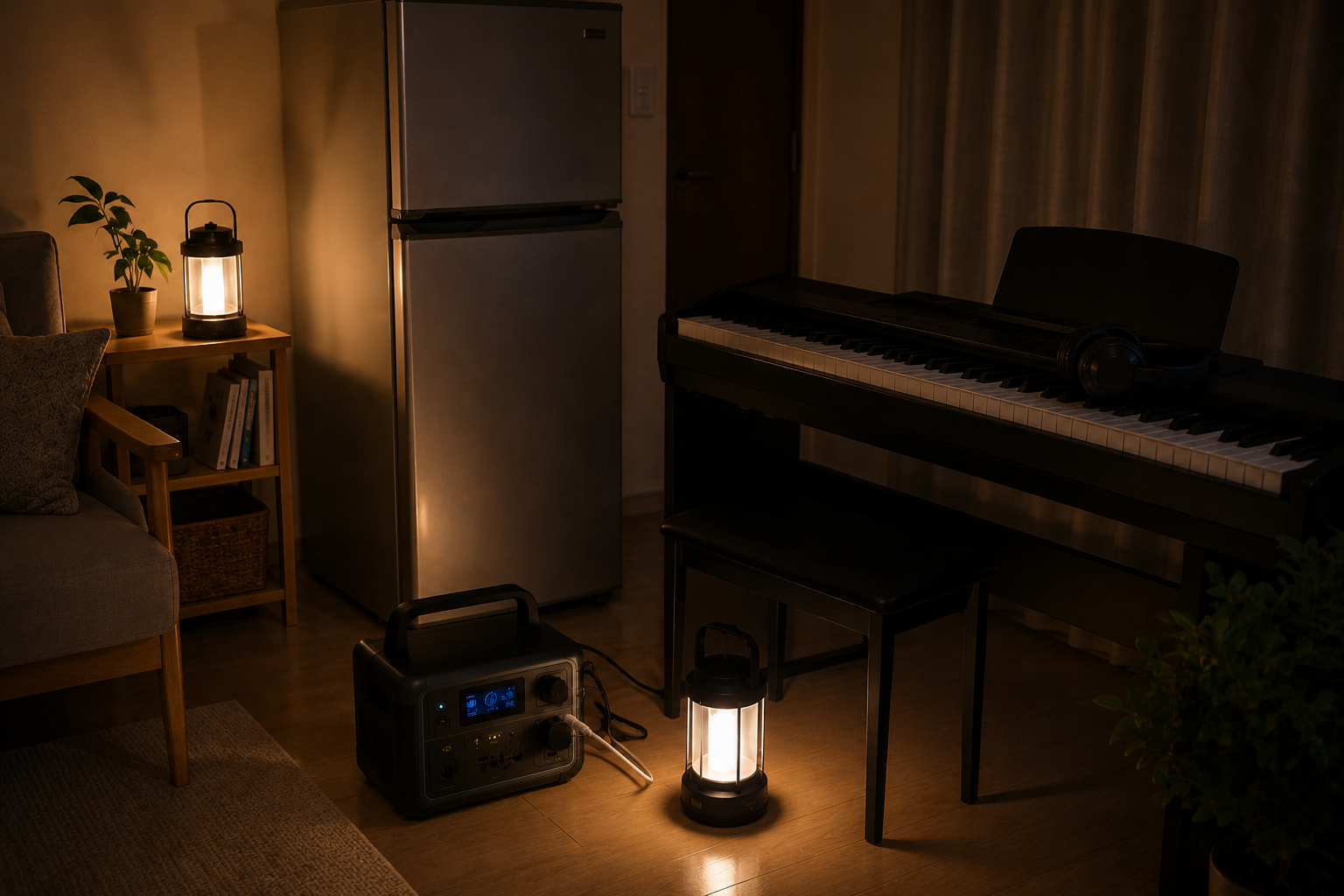 停電中のリビングで、冷蔵庫、電子ピアノ、ポータブル電源、LEDランタン、ヘッドホンを配置した写真風