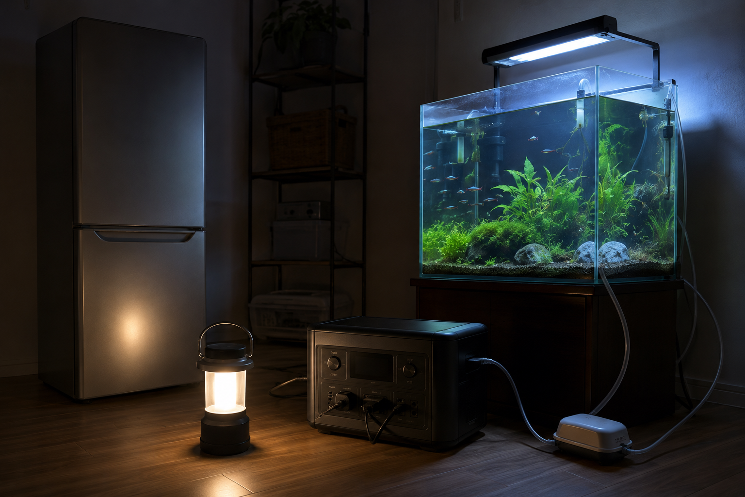 停電中の室内で、冷蔵庫、水槽、小型エアーポンプ、ポータブル電源、LEDランタンを配置した写真風