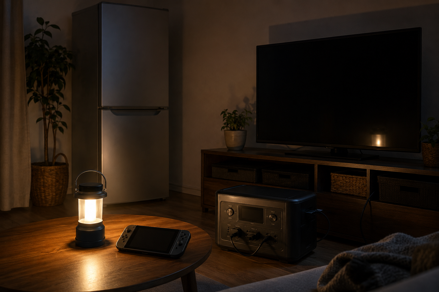 停電中のリビングで、冷蔵庫、携帯型ゲーム機、テレビ、ポータブル電源、LEDランタンを配置した写真風