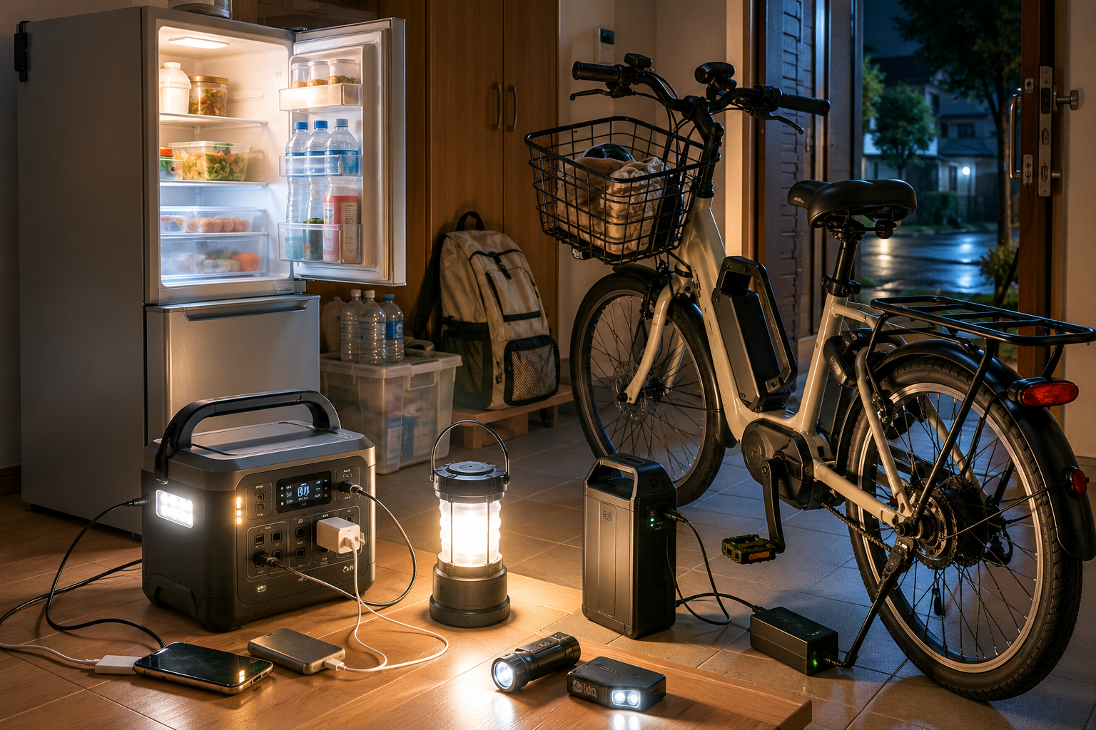 停電中の玄関付近で、冷蔵庫、電動自転車のバッテリー、充電器、ポータブル電源、LEDランタンを配置した写真風