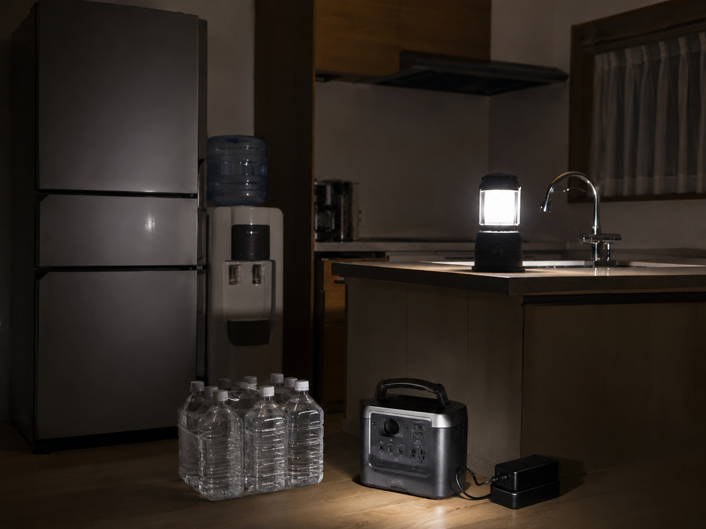 停電中のキッチンで、冷蔵庫、ウォーターサーバー、ポータブル電源、保存水ボトル、LEDランタンを配置した写真風