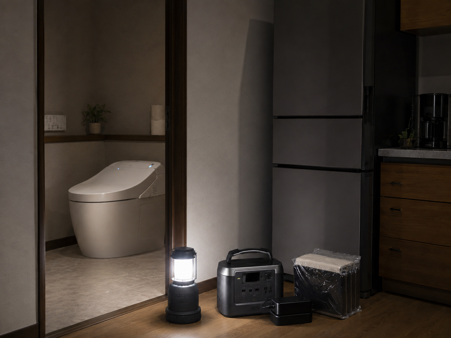 停電中の住宅内で、冷蔵庫、トイレの温水洗浄便座、ポータブル電源、携帯トイレ、LEDランタンを配置した写真風