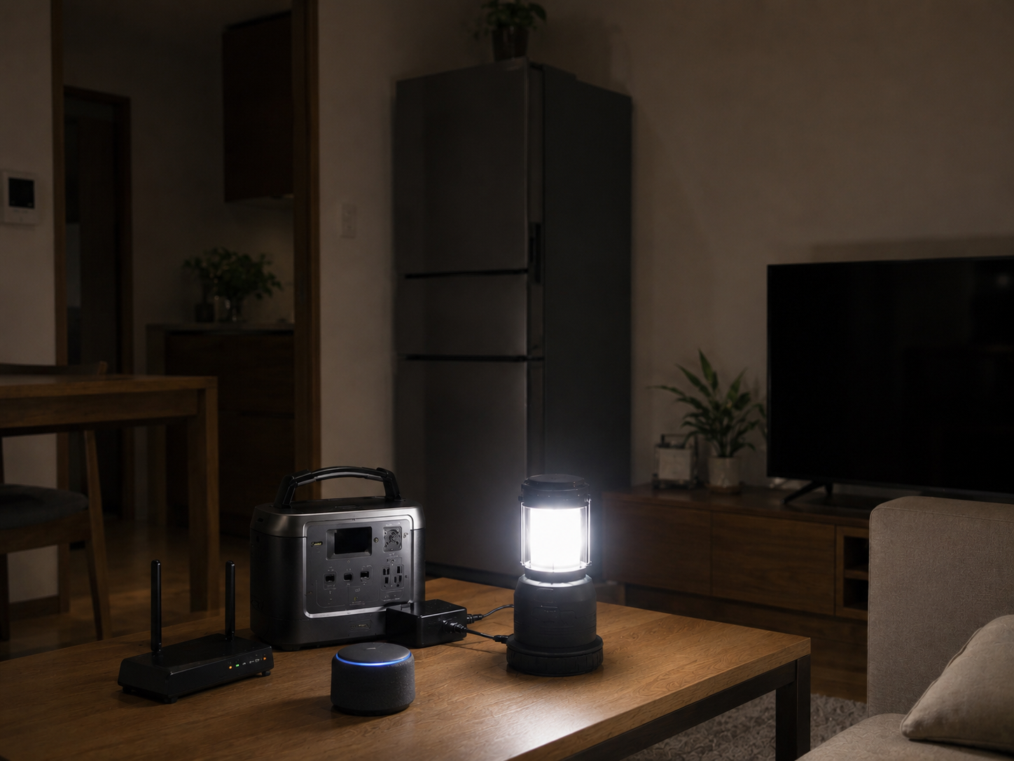 停電中のリビングで、冷蔵庫、スマートスピーカー、Wi-Fiルーター、ポータブル電源、LEDランタンを配置した写真風