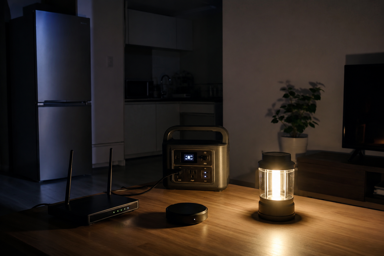 停電中のリビングで、冷蔵庫、スマートリモコン、Wi-Fiルーター、ポータブル電源、LEDランタンを配置した写真風