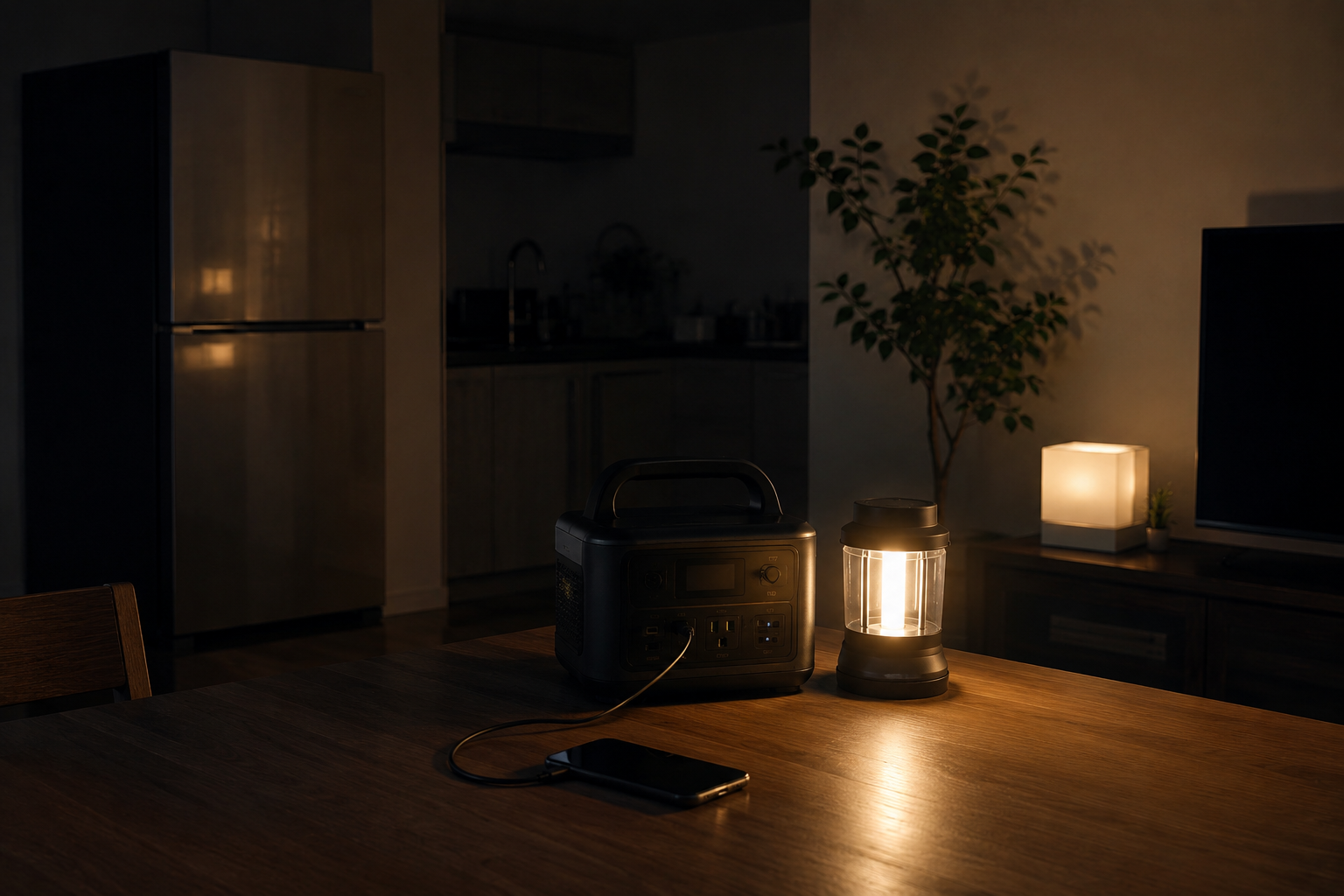 停電中のリビングで、冷蔵庫、スマート照明、ポータブル電源、LEDランタン、スマホを配置した写真風