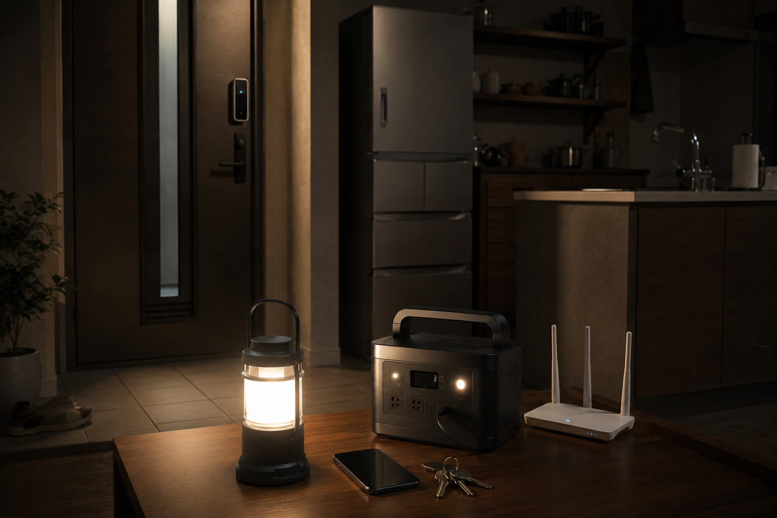 停電中の玄関とキッチンの近くで、冷蔵庫、スマートロック付き玄関ドア、ポータブル電源、Wi-Fiルーター、スマホ、LEDランタン、物理キーを配置した写真風