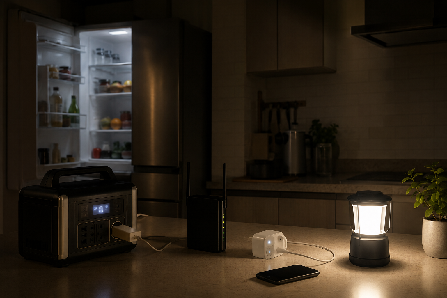 停電中のキッチンで、冷蔵庫、スマートプラグ、ポータブル電源、Wi-Fiルーター、スマホ、LEDランタンを配置した写真風
