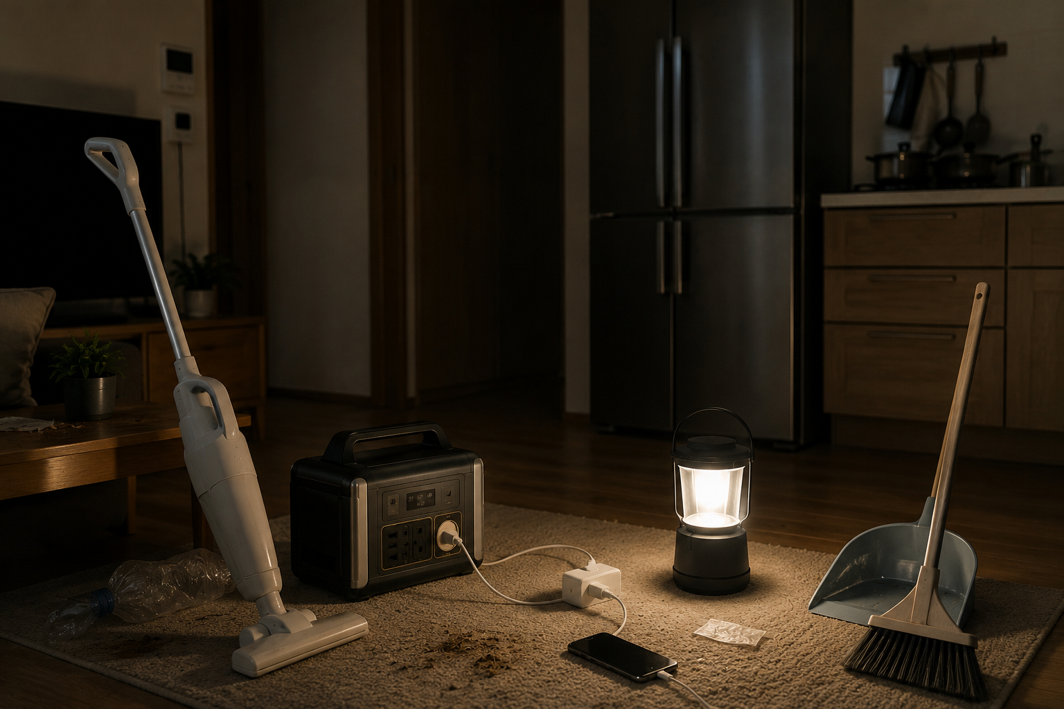 停電中のリビングで、冷蔵庫、コードレス掃除機、充電器、ポータブル電源、LEDランタン、ほうき、ちりとりを配置した写真風
