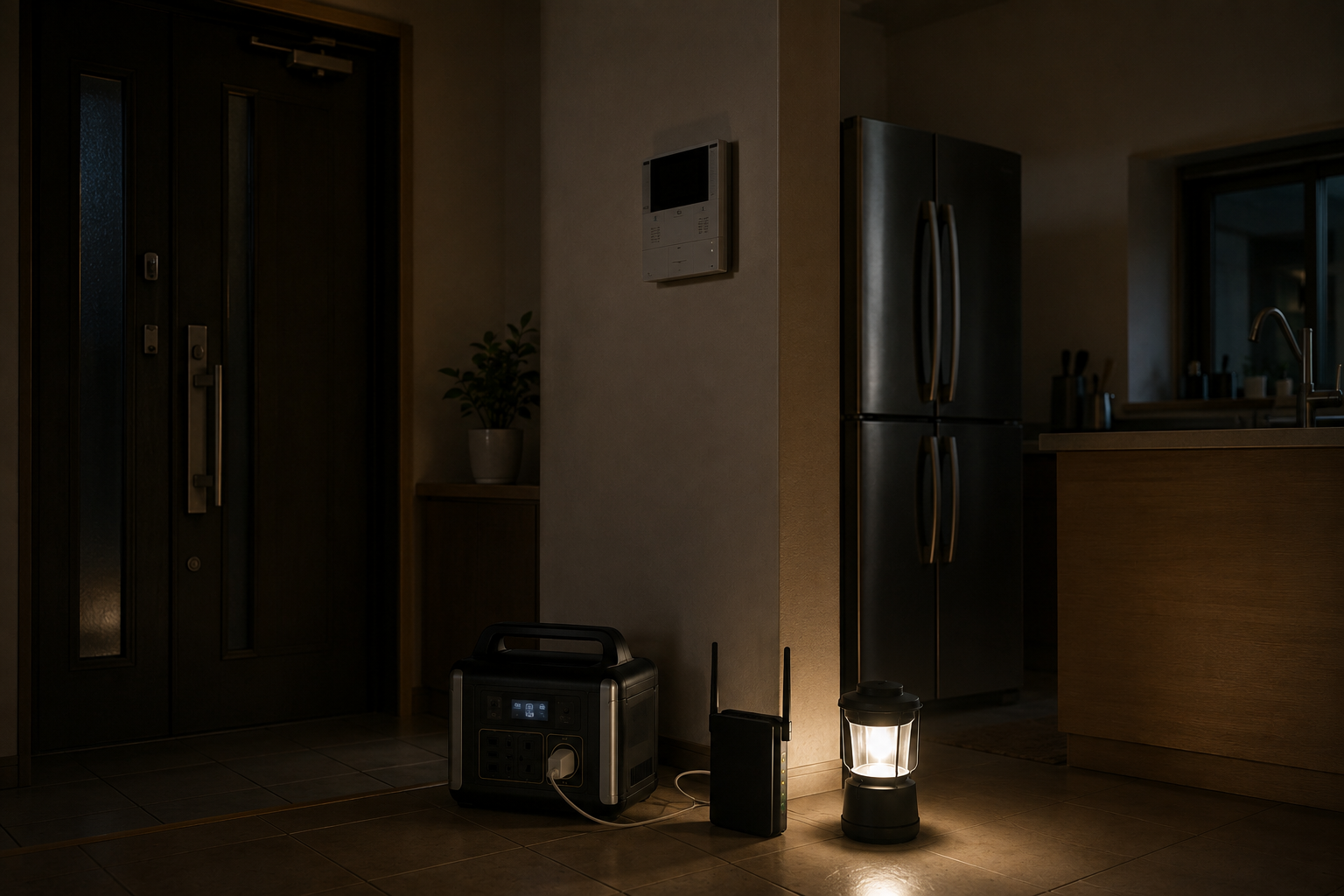 停電中の玄関とキッチンの近くで、冷蔵庫、インターホン親機、玄関ドア、ポータブル電源、Wi-Fiルーター、LEDランタンを配置した写真風
