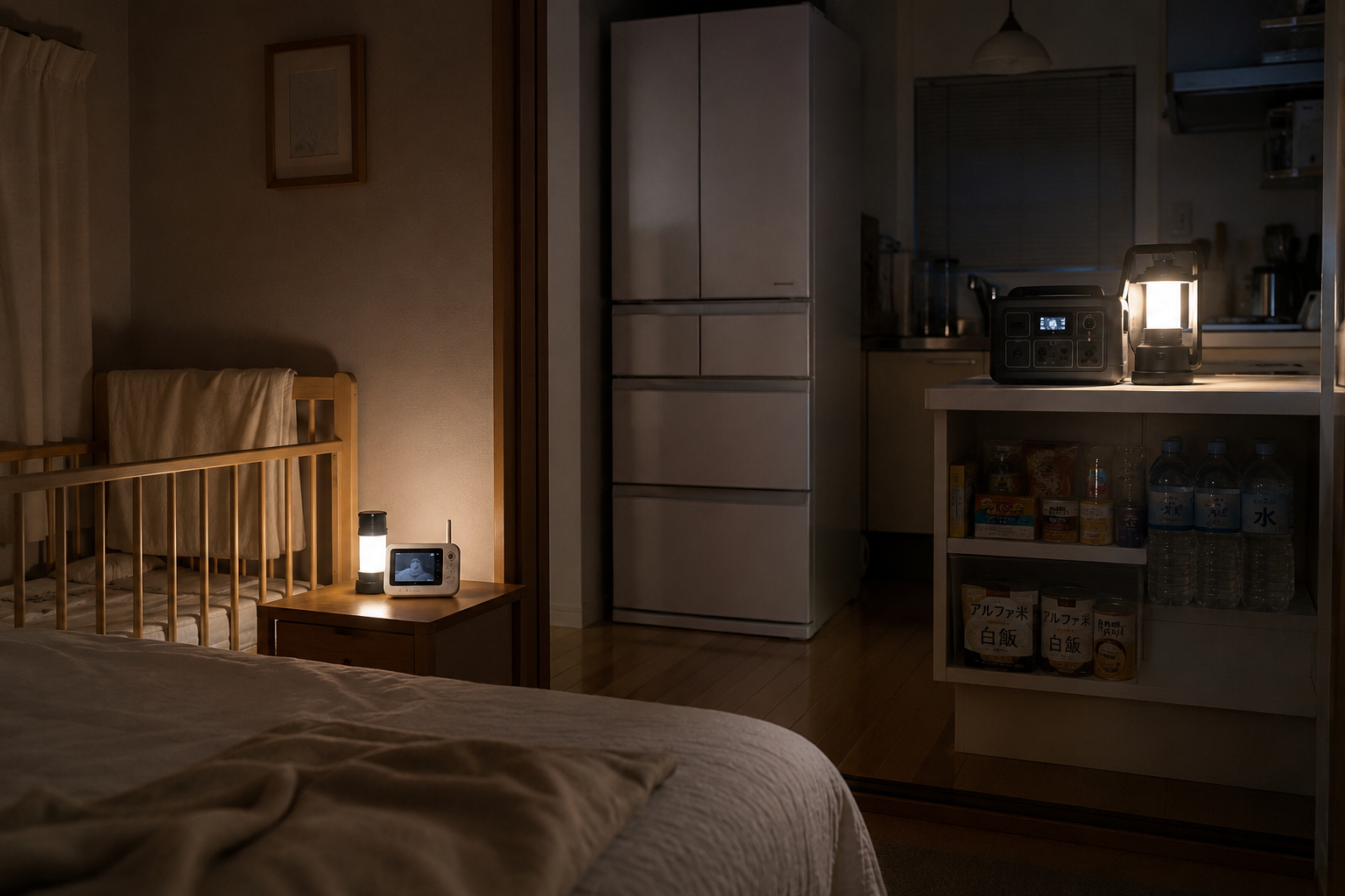 停電中の家庭の寝室とキッチンを想起させる落ち着いた写真風。冷蔵庫、ポータブル電源、小型ライト、ベビーモニターの親機を清潔感のある室内に配置