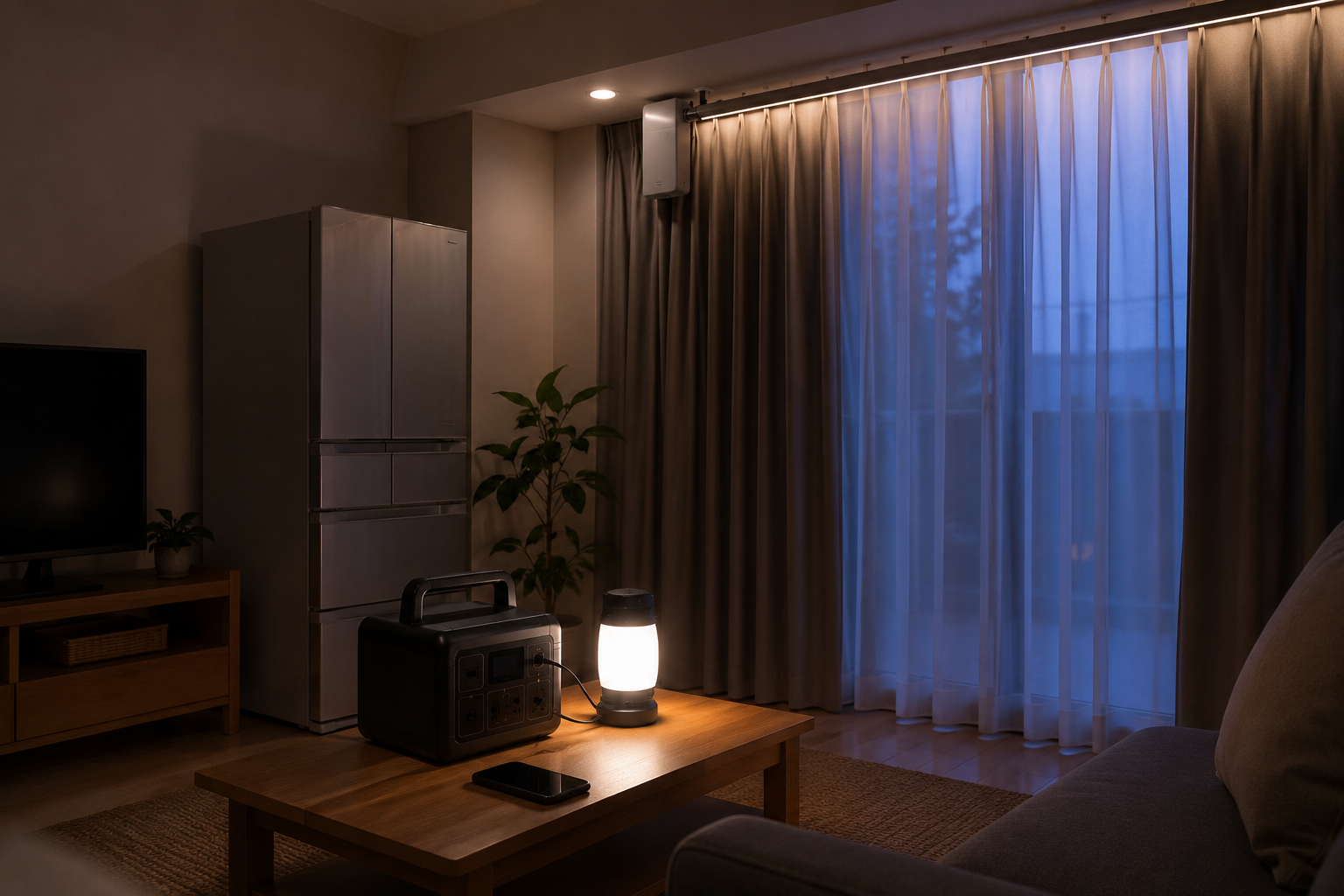 停電中のリビングで、冷蔵庫、ポータブル電源、スマートカーテン、スマホ、LEDランタンを配置した写真風