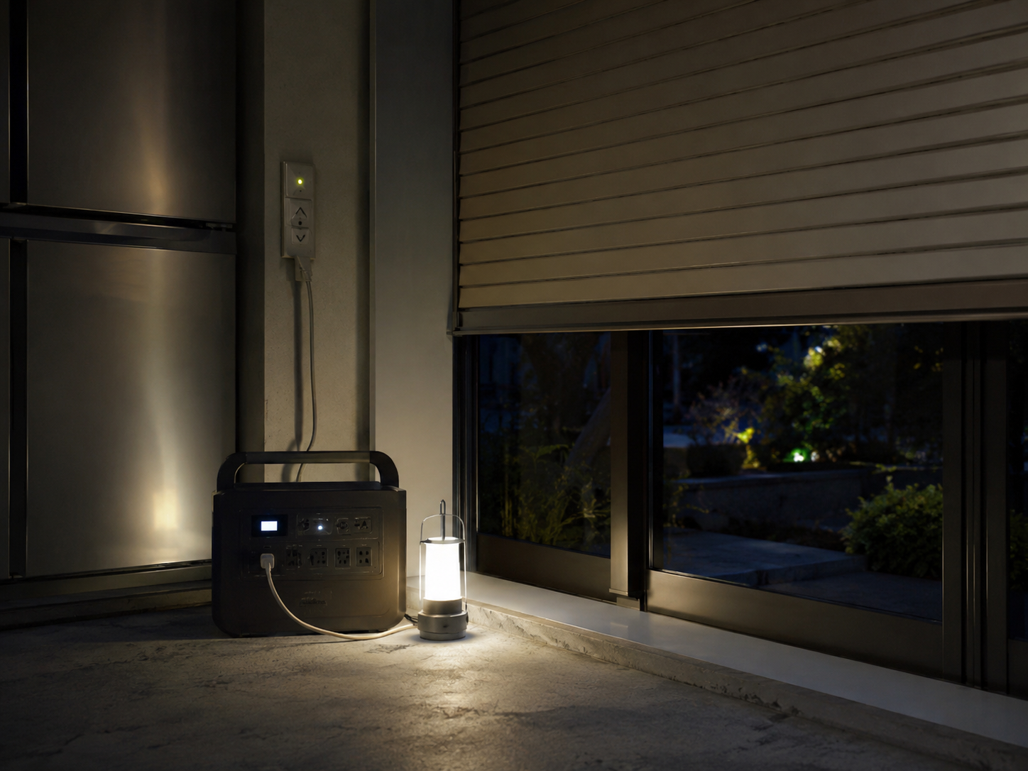 停電中の住宅ガレージまたはリビング窓まわりで、冷蔵庫、ポータブル電源、電動シャッターのスイッチ、LEDランタンを配置した写真風