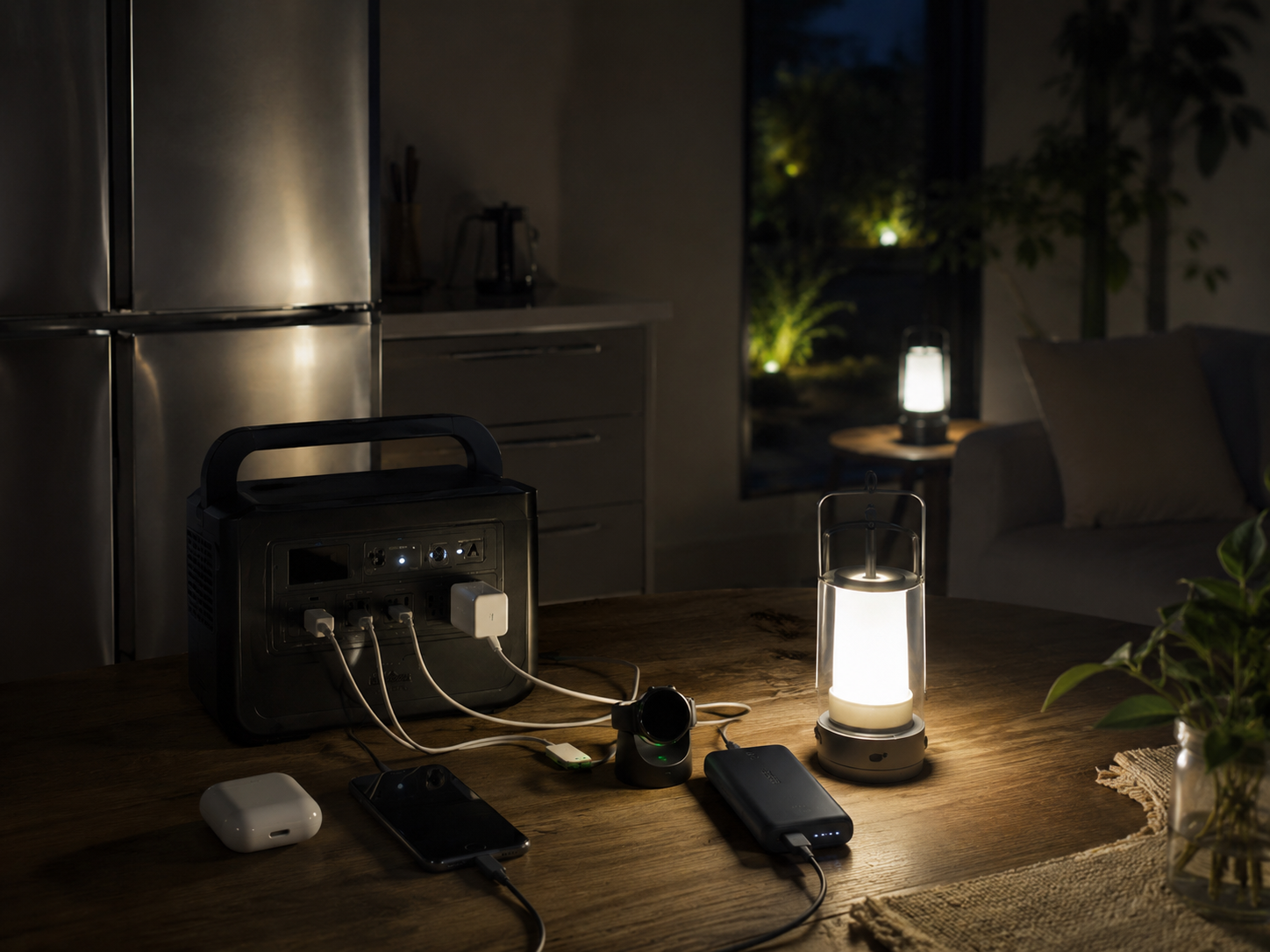 停電中のキッチンまたはリビングで、冷蔵庫、ポータブル電源、モバイルバッテリー、スマートウォッチ充電器、スマホ、LEDランタンを配置した写真風