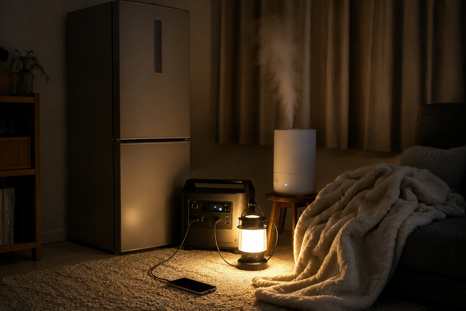 冬の停電中のリビングで、冷蔵庫、ポータブル電源、スマート加湿器、スマホ、LEDランタン、毛布を配置した写真風