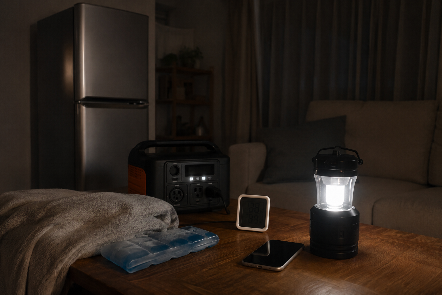 停電中のリビングで、冷蔵庫、ポータブル電源、スマート温湿度計、スマホ、LEDランタン、毛布または保冷剤を配置した写真風