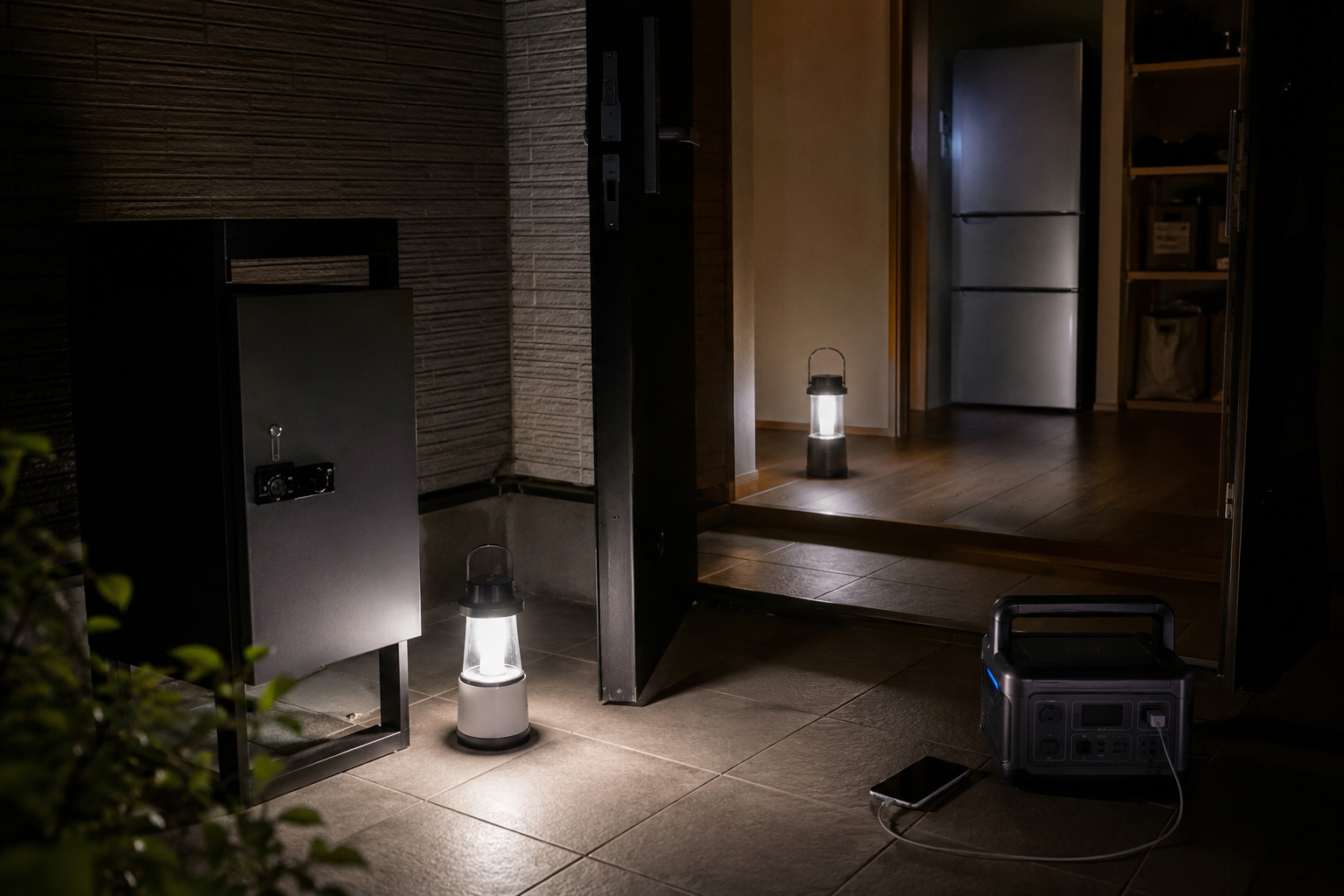 停電中の玄関まわりで、宅配ボックス、ポータブル電源、冷蔵庫のある室内、スマホ、LEDランタンを配置した写真風