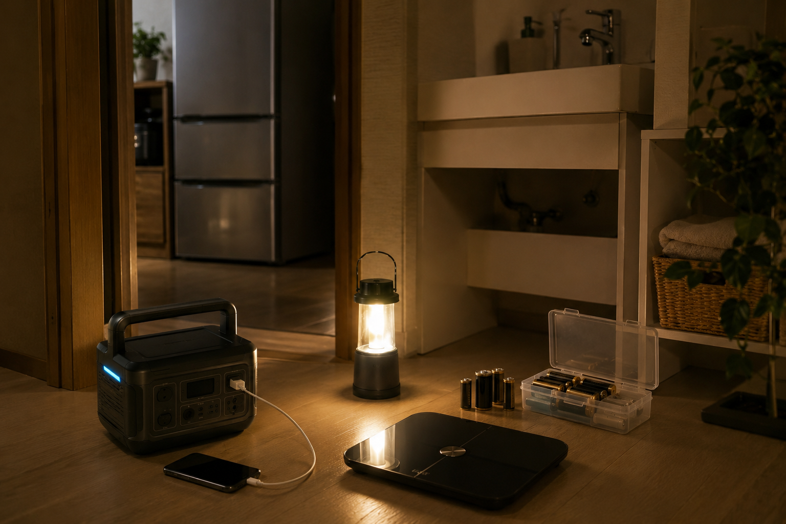停電中の洗面所またはリビングで、スマート体重計、冷蔵庫、ポータブル電源、スマホ、LEDランタン、予備電池を配置した写真風