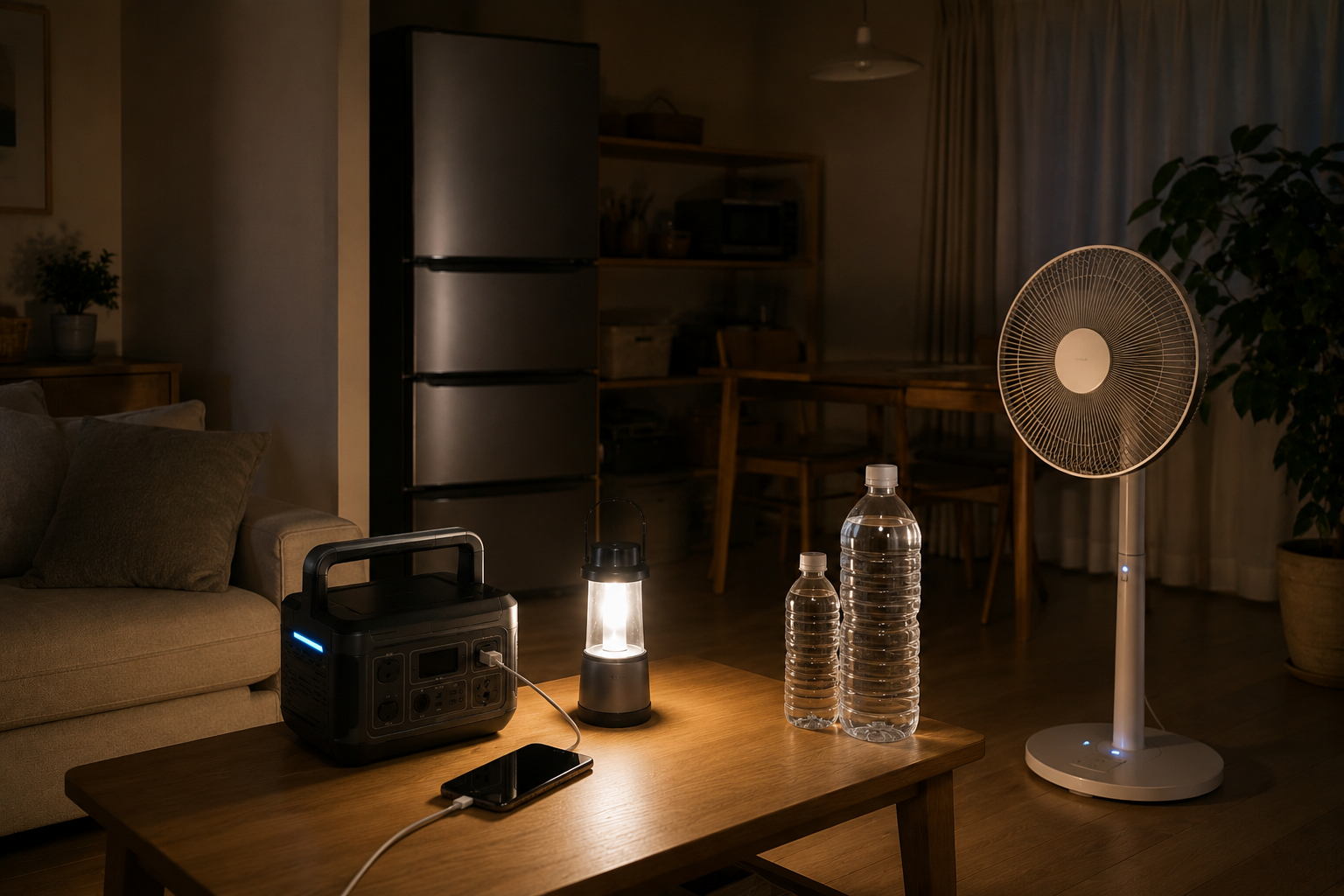 夏の停電を想定したリビングで、冷蔵庫、スマート扇風機、ポータブル電源、スマホ、LEDランタン、水のボトルを配置した写真風