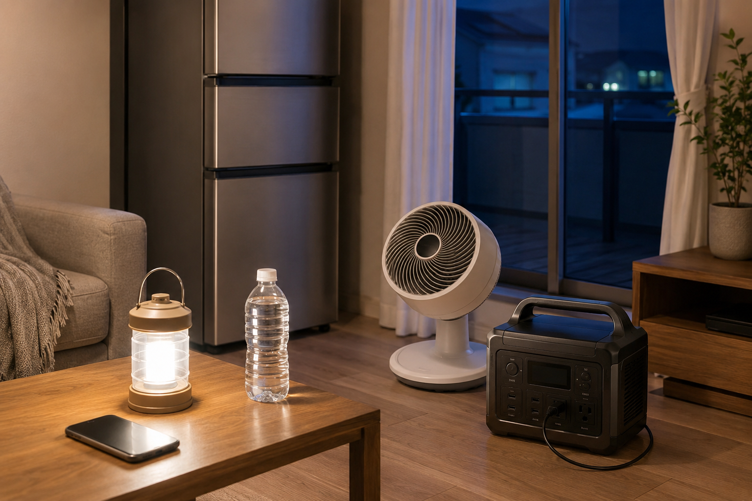 夏の停電を想定したリビングで、冷蔵庫、スマートサーキュレーター、ポータブル電源、スマホ、LEDランタン、水のボトルを配置した写真風