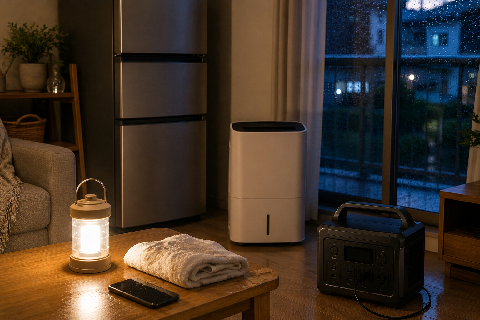 梅雨時期の停電を想定した室内で、冷蔵庫、スマート除湿機、ポータブル電源、スマホ、LEDランタン、濡れたタオルを配置した写真風