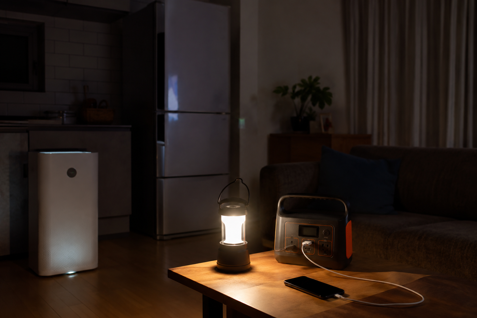 停電を想定したリビングで、冷蔵庫、スマート空気清浄機、ポータブル電源、スマホ、LEDランタンを配置した写真風