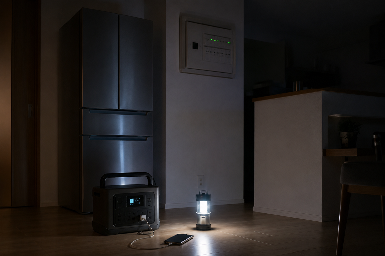 停電を想定した室内で、冷蔵庫、スマート分電盤または電力モニター、ポータブル電源、スマホ、LEDランタンを配置した写真風