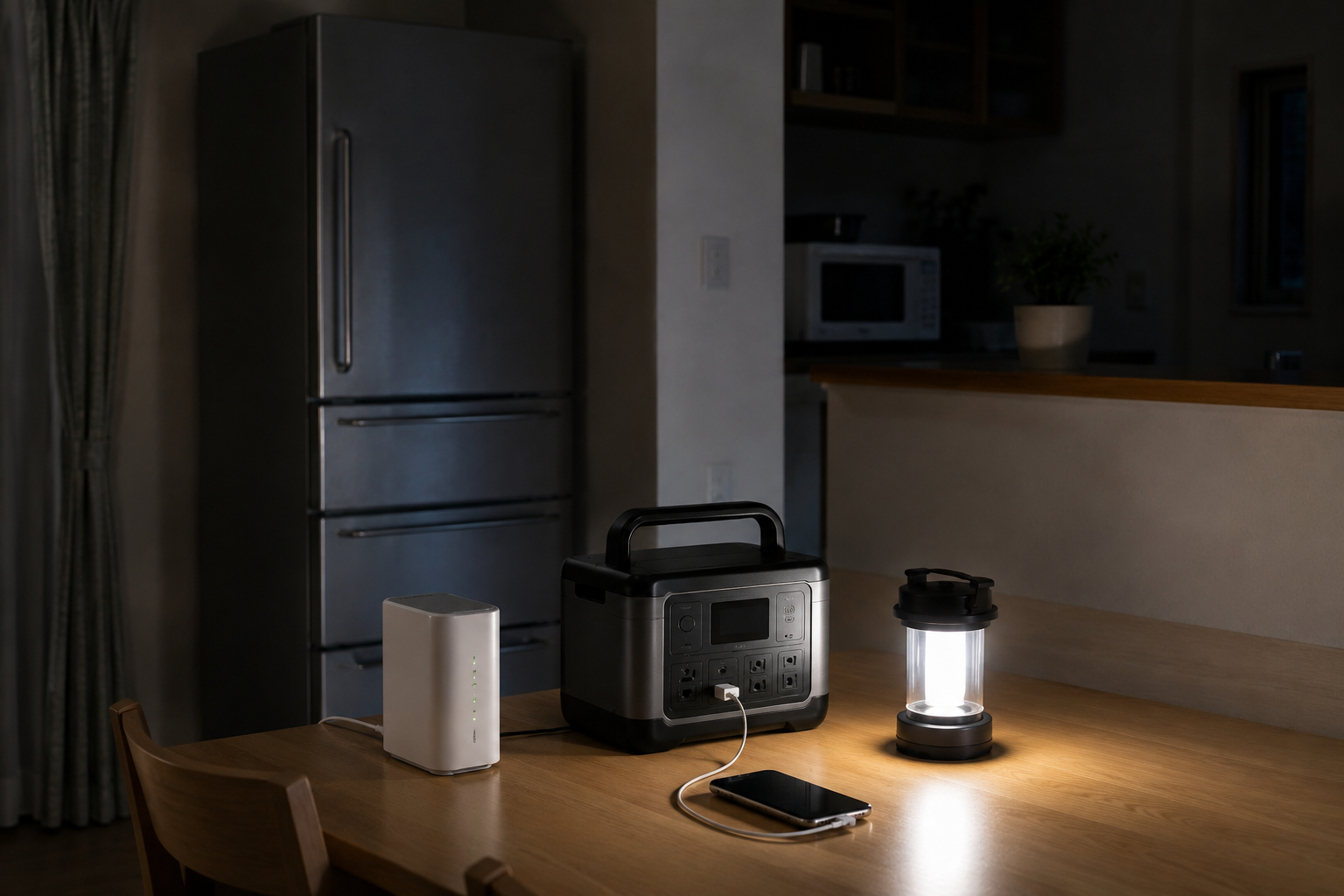 停電を想定した室内で、冷蔵庫、ホームルーター、ポータブル電源、スマホ、LEDランタンを配置した写真風