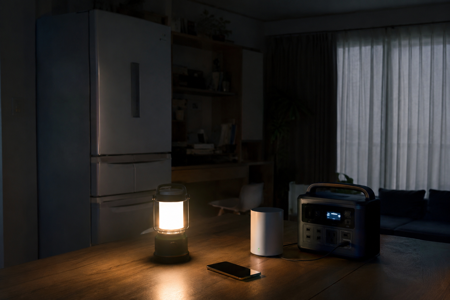 停電を想定した室内で、冷蔵庫、メッシュWi-Fi親機と子機、ポータブル電源、スマホ、LEDランタンを配置した写真風