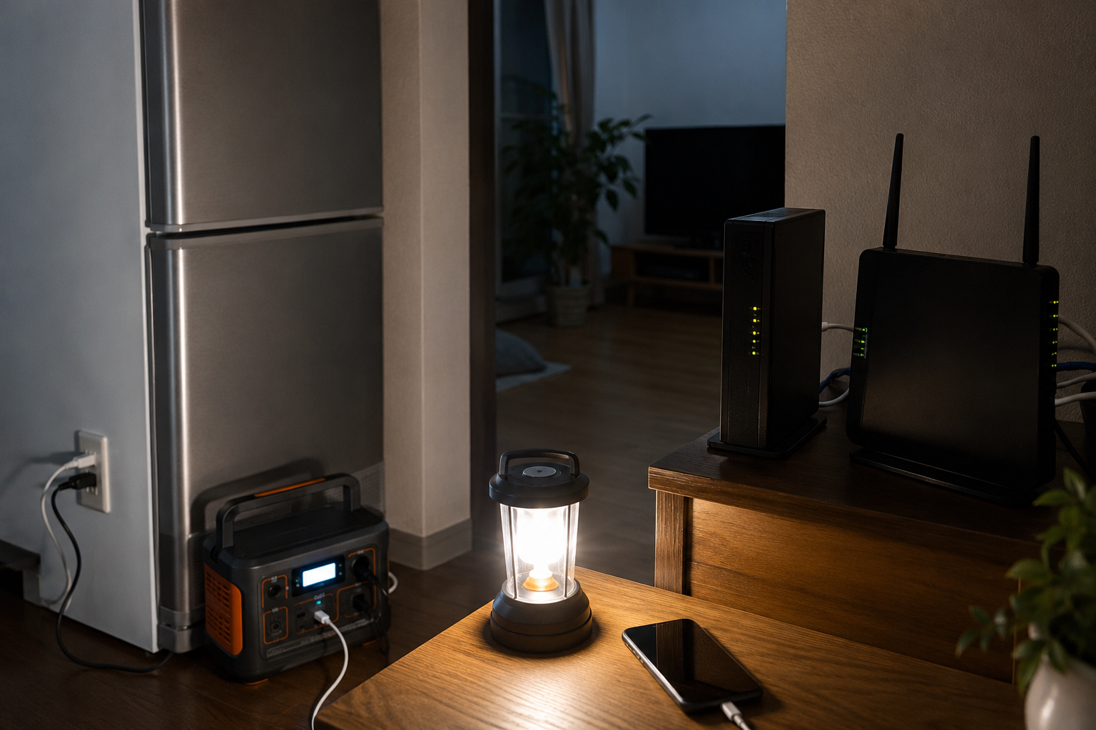 停電を想定した室内で、冷蔵庫、ホームゲートウェイ、ONUまたはWi-Fiルーター、ポータブル電源、スマホ、LEDランタンを配置した写真風